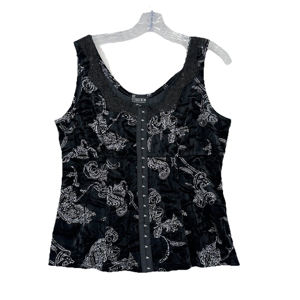 NY Collection Black Velvet Paisley Sleeveless Top Size L Preowned Party Blouse